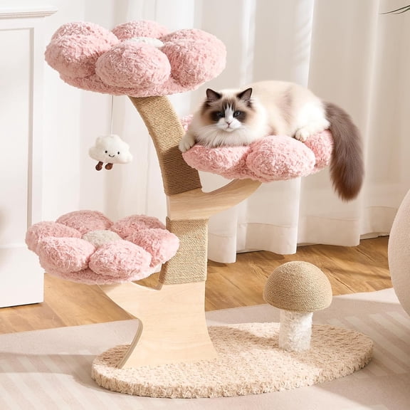 Kicari Flower Cat Tree Tower with Scratching Post for Indoor Cats Large Adult, 37" H Modern Cat Tree with Sculpted Branch Trunk, Flower Cat Beds, Mushroom Scratcher & Interactive Squeaky Toy, Pink