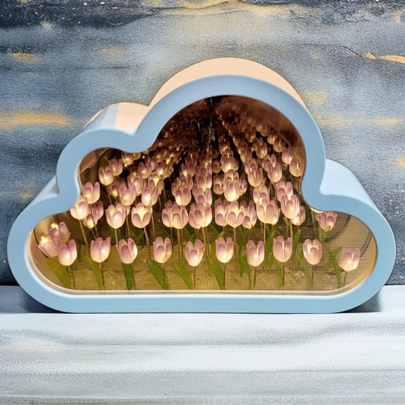 Kicbertin DIY Tulip Night Light Cloud Tulip Mirror Lamp with Cloud Light Children and Girls Bedroom Decoration Gift Creative Living Room Bedside Desktop Ornaments & Makeup Mirror - Purple