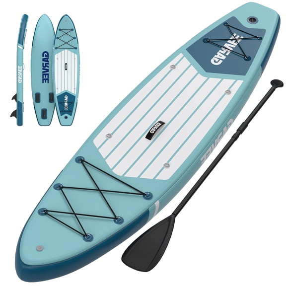 Kicctian 10.6ft Inflatable Stand up Paddle Board, 6" Thick SUP Paddle Board with Full Accessories for Youth & Adults, Blue Green White Wood Grain