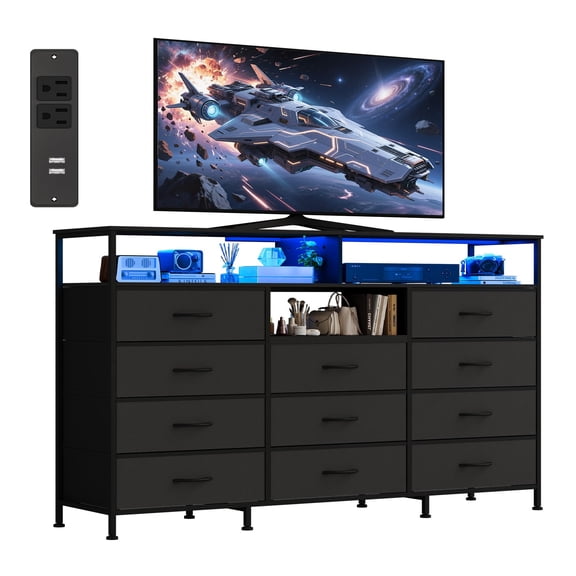 Kicctian 11 Drawers Dresser for Bedroom with LED Lights & Charging Station,Dresesr Chests of Drawers with Open Shelves,Black