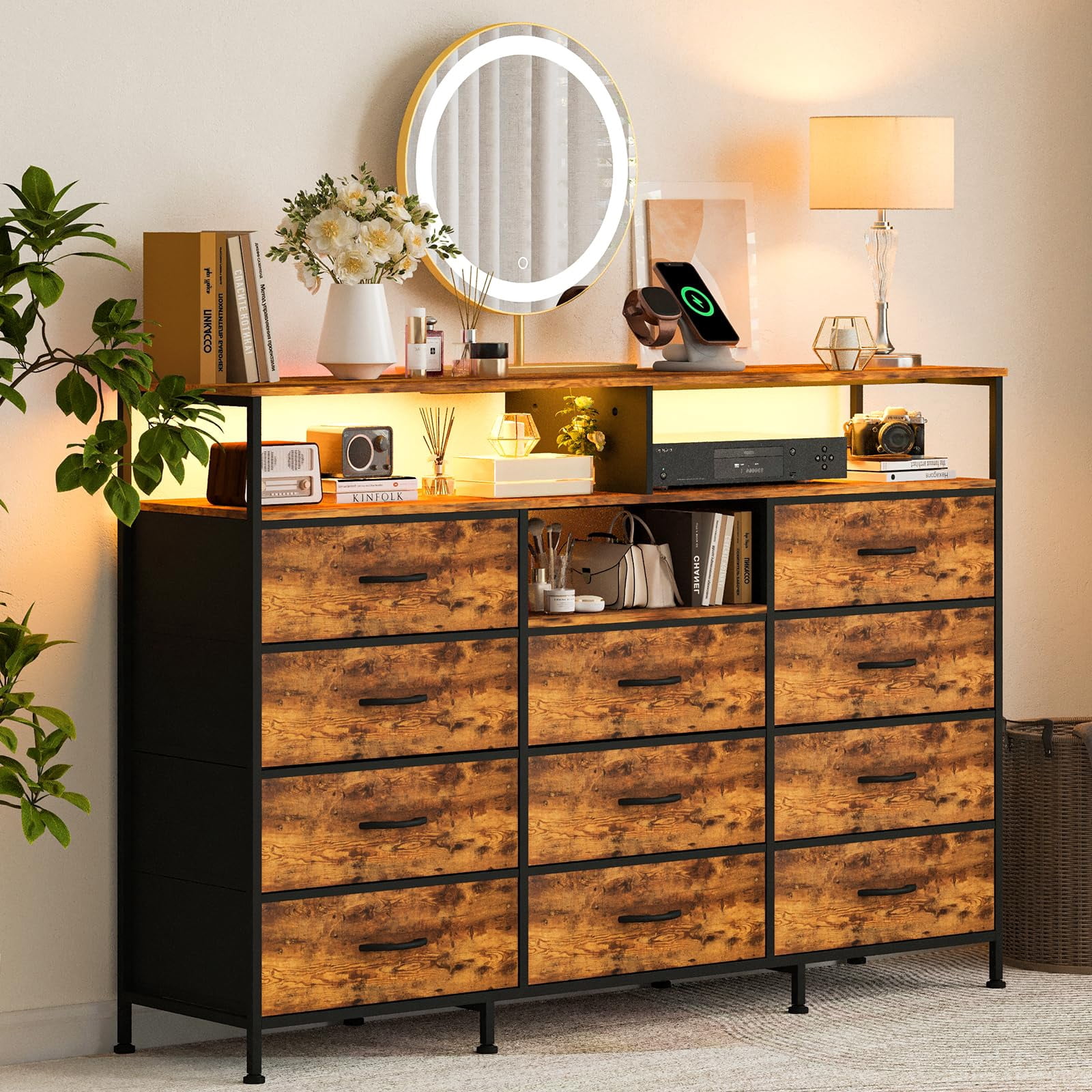 Kicctian 11 Drawers Dresser for Bedroom with LED Lights & Charging Station,Dresesr Chests of Drawers with Open Shelves,Brown