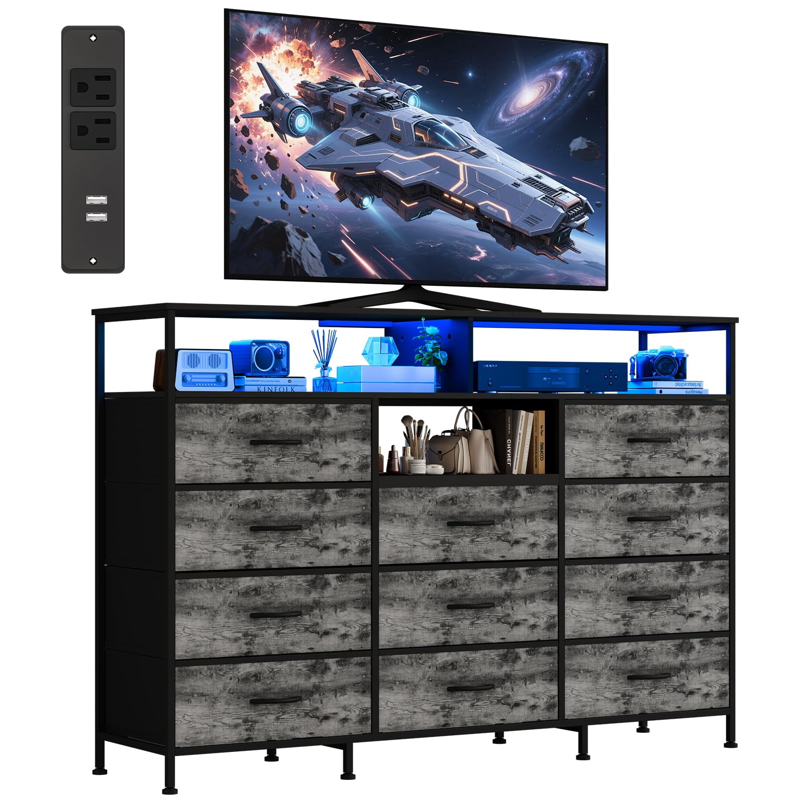 Kicctian 11 Drawers Dresser for Bedroom with LED Lights & Charging Station,Dresesr Chests of Drawers with Open Shelves,Gray
