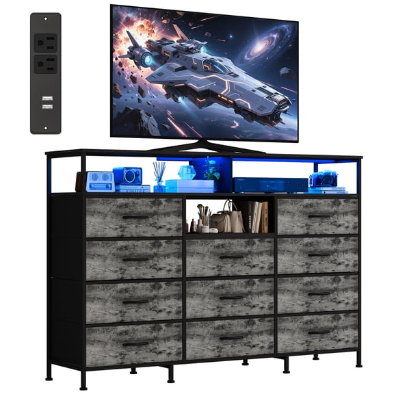 Kicctian 11 Drawers Dresser for Bedroom with LED Lights & Charging Station,Dresesr Chests of Drawers with Open Shelves,Gray
