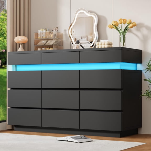 Kicctian 12 Drawer Dressers for Bedroom - 59" Wide Wooden Chest of Drawers with LED Lights Black Dresser for Bedroom or Living Room