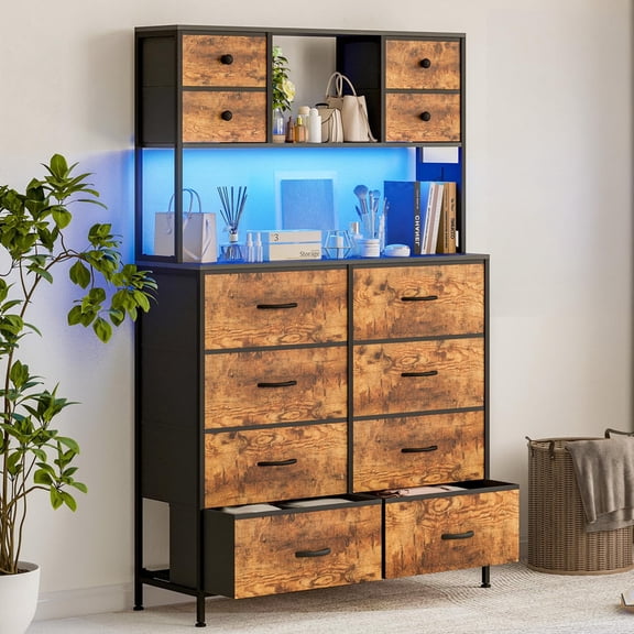 Kicctian 12 Drawers Dresser with Power Outlet & LED lights - Tall Fabric Dresser for Bedroom,Hallway,Living Room,Brown,35.5"Lx11.8"Wx56.9"H
