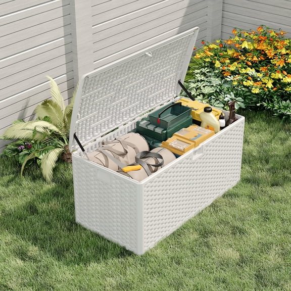 Kicctian 120 Gallon Resin Outdoor Deck Box with Lock & Hydraulic Lift Lid, Waterproof Storage Container for Patio, Garden, Pool, Cushions, Tools, Toys, White