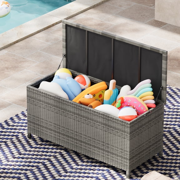 Kicctian 125 Gallon Outdoor Deck Storage Box with Wheels, Heavy-Duty Waterproof PE Rattan Storage Chest, Weatherproof Patio Garden Poolside Organizer,Gray