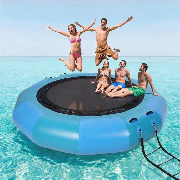 Kicctian 12FT Water Trampoline for Lake – Floating Inflatable Bouncer with Electric Pump & Rope Ladder, Heavy Duty for Adults, Lakes, Pools