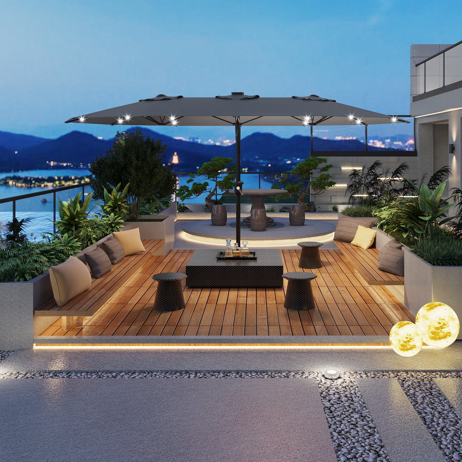 Kicctian 15FT Double-Sided Patio Umbrella with Solar LED Lights & Base, Extra Large Rectangle Market Umbrella Outdoor,  UV & Fade-Resistant, Ideal for Deck, Pool, Backyard, Garden, Grey