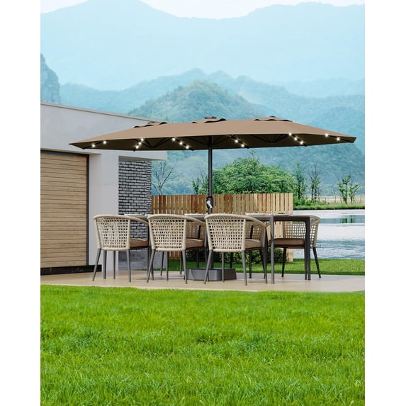 Kicctian 15FT Double-Sided Patio Umbrella with Solar LED Lights & Base, Extra Large Rectangle Market Umbrella Outdoor, UV & Fade-Resistant, Ideal for Deck, Pool, Backyard, Garden, Tan