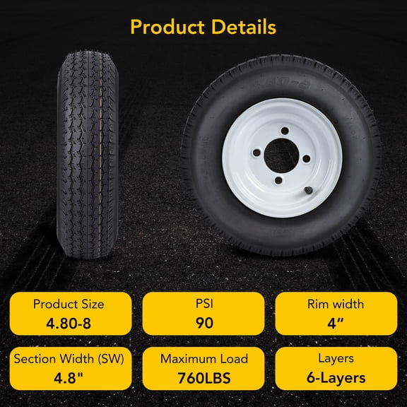 Kicctian 2 Pack 4.80-8 Trailer Tires with 8" Rims, 4 Lug on 4" Bolt Design, 6 Ply, Load Range C, Heavy Duty Replacement Tire for Utility, Boat or Cargo Trailers