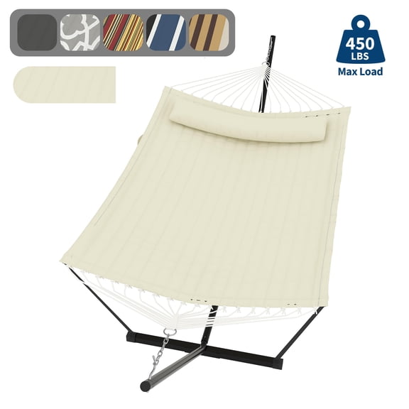 Kicctian 2 Person Hammock with Stand, Double Outdoor Hammock with Pillow, Max 450 lbs Capacity, Balance Rope Included, Large Hanging Bed for Patio, Backyard or Poolside, Beige