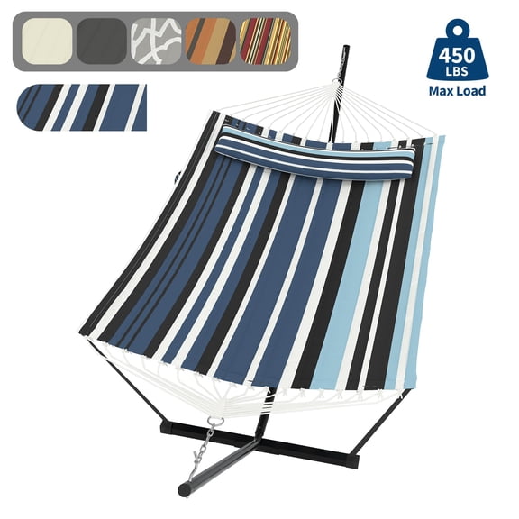 Kicctian 2 Person Hammock with Stand, Double Outdoor Hammock with Pillow, Max 450 lbs Capacity, Balance Rope Included, Large Hanging Bed for Patio, Backyard or Poolside,Blue