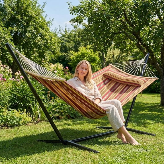 Kicctian 2 Person Hammock with Stand, Double Outdoor Hammock with Pillow, Max 450 lbs Capacity, Balance Rope Included, Large Hanging Bed for Patio, Backyard or Poolside, Red&Yellow