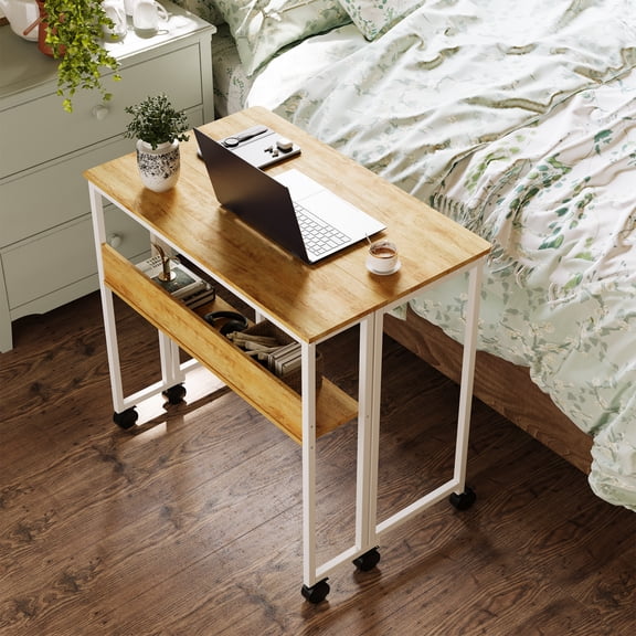 Kicctian 24.8" Rolling Folding Desk with Storage Shelf - Compact Collapsible Sofa Table on Wheels, Space-Saving Design, Easy Assembly,Wood Color