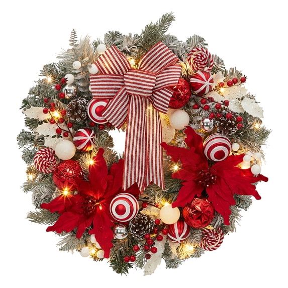 Outside Timer Kicctian 24 Inch Pre-Lit Christmas Wreath with LED Lights & Timer, Red ...