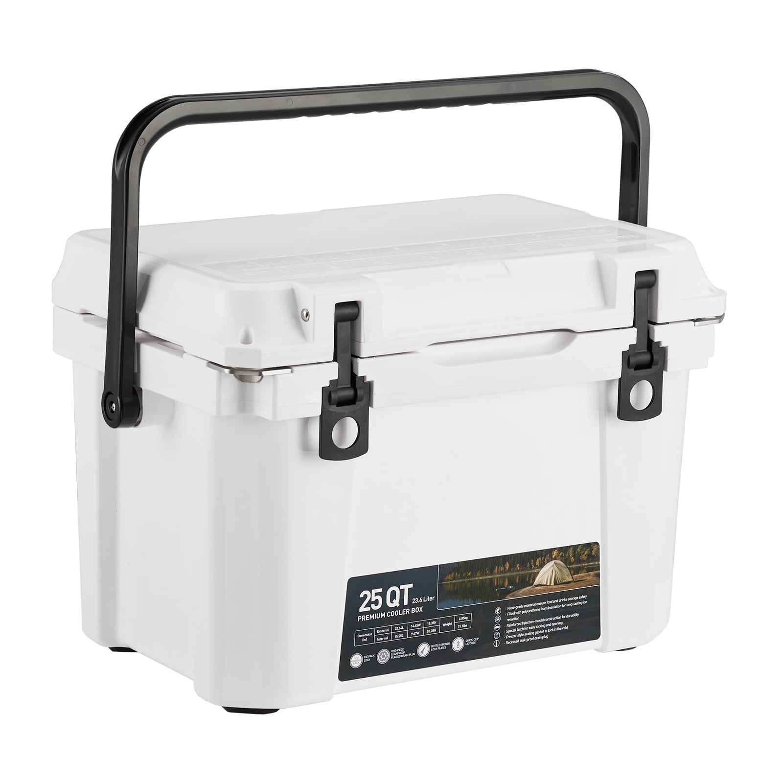 Kicctian 25 Quart Insulated Beer Keg Cooler with 5-Day Ice Retention, Built-in Drain Plug, Bottle Opener & Fish Ruler, Leak-Resistant Ice Chest for Camping, BBQ,White