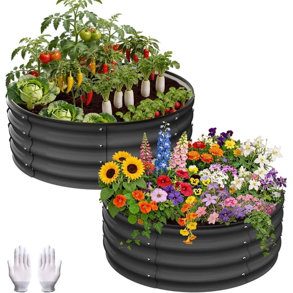 Kicctian 2Pcs Round Galvanized 2x2x1 ft Outdoor Raised Garden Bed, Metal Planter Box for Vegetables, Herbs, and Plants, Dark Gray