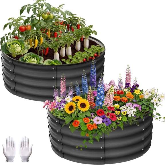 Kicctian 2Pcs Round Galvanized 3x3x1 ft Outdoor Raised Garden Bed, Metal Planter Box for Vegetables, Herbs, and Plants, Dark Gray
