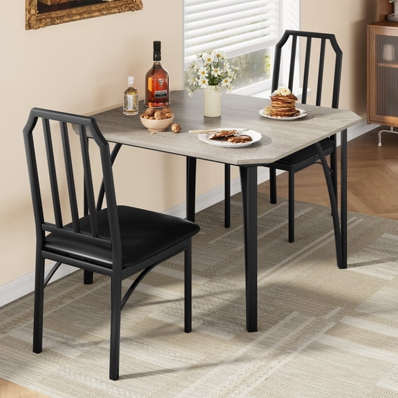 Kicctian 3-Piece Dining Table Set for 2, Compact Kitchen Table with Cushioned Chairs and Metal Frame, Rectangle Breakfast Nook Furniture for Apartment,Grey