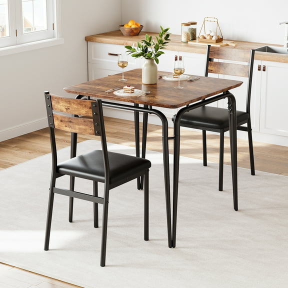 Kicctian 3-Piece Dining Table Set for 2, Space-Saving Modern Square Table, Sturdy Metal Frame with Upholstered Chairs, Compact for Small Apartment, Dining Room, Kitchen Nook,Brown