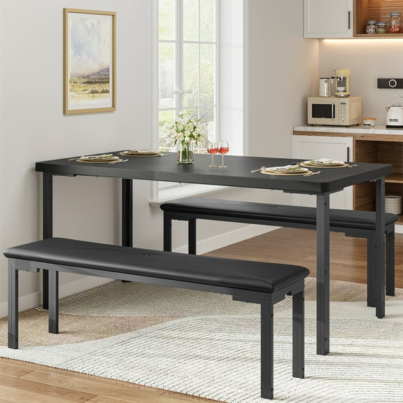 Kicctian 3-Piece Dining Table Set for 4 – Kitchen Table with 2 Upholstered Benches – Wood Table set for Dining Room, Apartment,Black