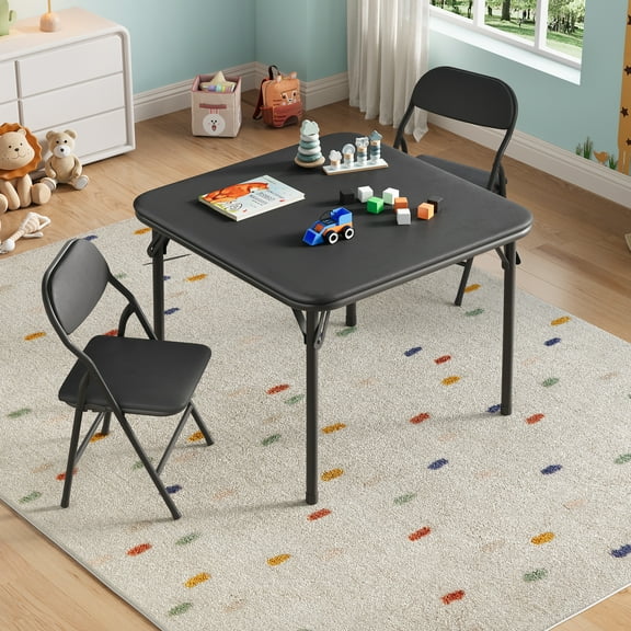 Kicctian 3-Piece Folding Kids Table and Chair Set, PU Leather Soft Cushioned Seats, Sturdy Metal Frame, Portable Space-Saving Activity Center for Dining, Crafts, Learning, Daycare, Study Room,Black
