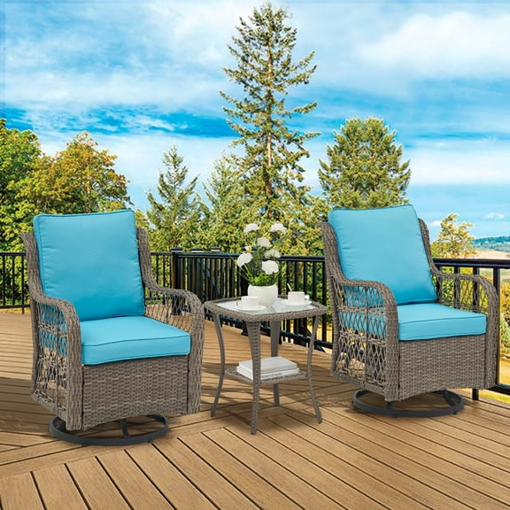 Kicctian 3-Piece Outdoor Wicker Swivel Rocker Bistro Set – 360° Swivel Chairs, Tempered Glass Side Table, Soft Cushions – Gray Rattan with Light Blue Cushion