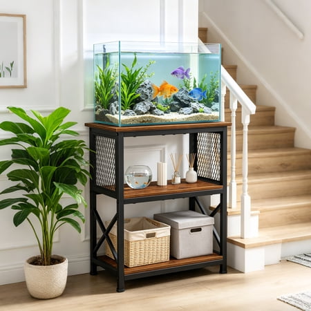 Kicctian 3-Tier 10 Gallon Aquarium Stand with Storage Shelves, Display Rack Cabinet for Fish Tank & Turtle Terrarium,Brown
