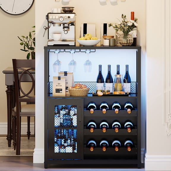 Kicctian 3-Tier Wine Bar Cabinet with Removable Wine Rack and LED Lights, Modern Liquor Sideboard with Glass Holder and Mesh Door, Ample Storage for Dining Room, Kitchen or Home Bar,Black