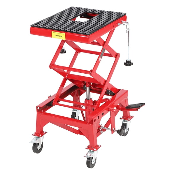 Kicctian 350 lbs Heavy Duty Hydraulic Motorcycle Scissor Lift Jack with Wide Deck, J-Hooks & 4 Wheels, Foot Operated Portable Hoist Stand for Motorcycle, ATV, Dirt Bike or UTV, Red