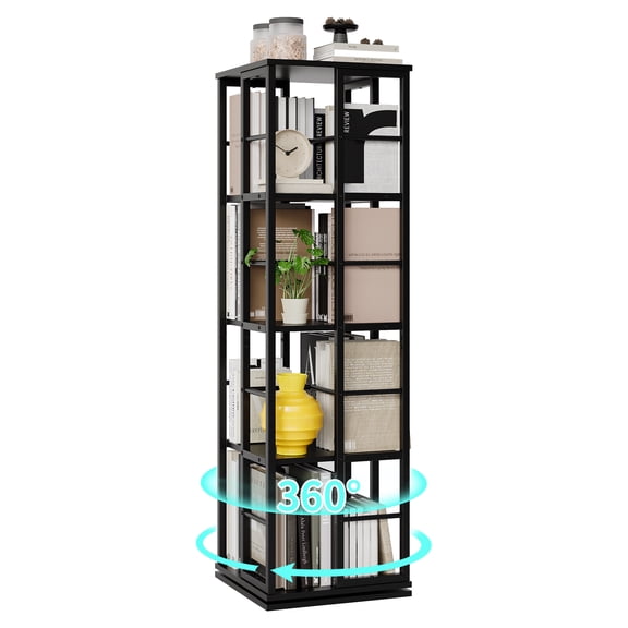 Kicctian 360° Rotating Bookshelf Tower, 54-Inch Tall Industrial Metal Spinning Bookcase, Freestanding Revolving Display Shelf for Living Room, Bedroom, Office or Study, Black