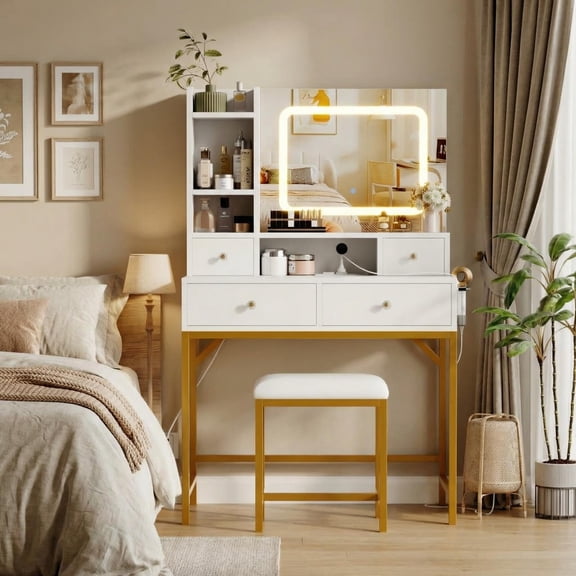 Kicctian 4-Drawer Vanity Desk with 3-Light Mirror & Charging Station - Modern Makeup Table with 2 Open Shelves & Stool,White & Gold
