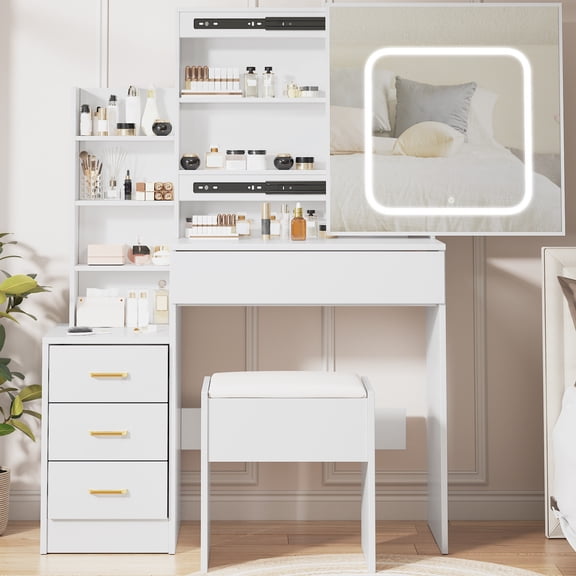 Kicctian 4-Drawer Vanity Desk with Stool & Sliding Mirror & Lights - White Makeup Table with Power Outlet, Open Shelves for Bedroom