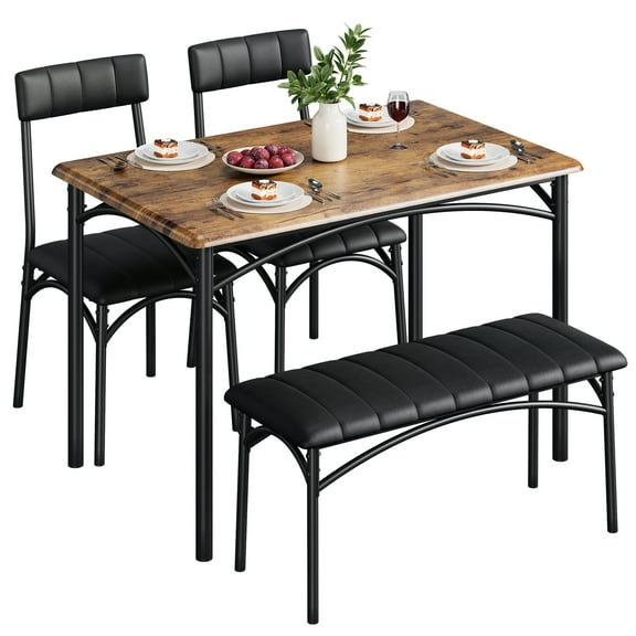 Kicctian 4-Piece Dining Table Set for 4 with 2 Upholstered Chairs and Bench, Space-Saving Rectangular Kitchen Table, Modern Dining Room Furniture for Small Apartment,Brown