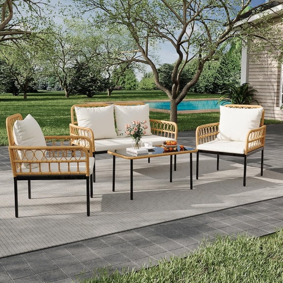 Kicctian 4-Piece Patio Furniture Set, Wicker Outdoor Table and Chairs Set with Glass Side Table, Loveseat and 4-Seater Boho Rattan Conversation Set for Backyard, Porch or Bistro, White