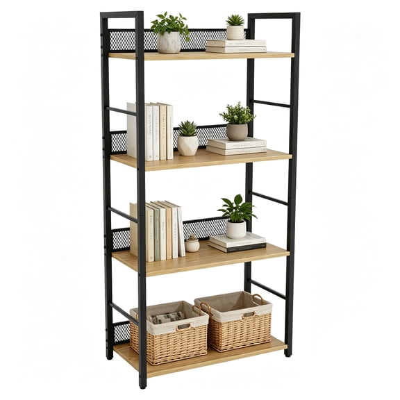 Kicctian 4-Tier Bookshelf with Metal Frame – Tall Industrial Bookcase, Wood Shelves Storage Organizer for Books, CDs, Plants, Narrow Standing Shelf for Bedroom, Living Room, Office, Black