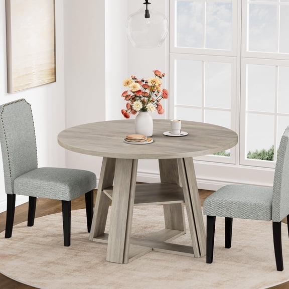 Kicctian 43" Round Dining Table for 2-4 – Contemporary Wooden Pedestal Base – Practical Storage Shelf – for Kitchen Dining Rooms,Grey