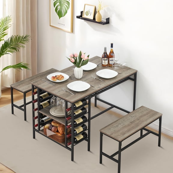 Kicctian 47.2" Dining Table Set for 4, Kitchen Table and 2 Benches with Storage Shelf and Wine Rack, Space-Saving Metal Frame Furniture for Small Spaces,Grey