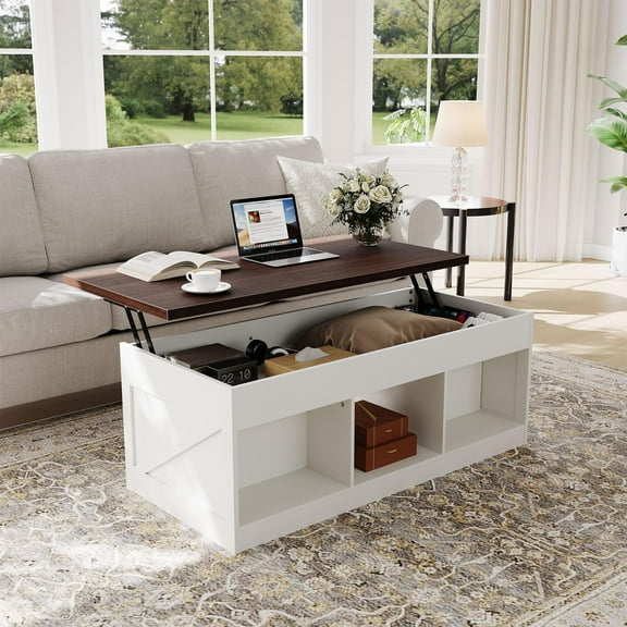 Kicctian 47.2" Lift Top Coffee Table with Barn Door and Hidden Compartment, Retro Wooden Central Table with Adjustable Lift Tabletop for Living Room or Office, White