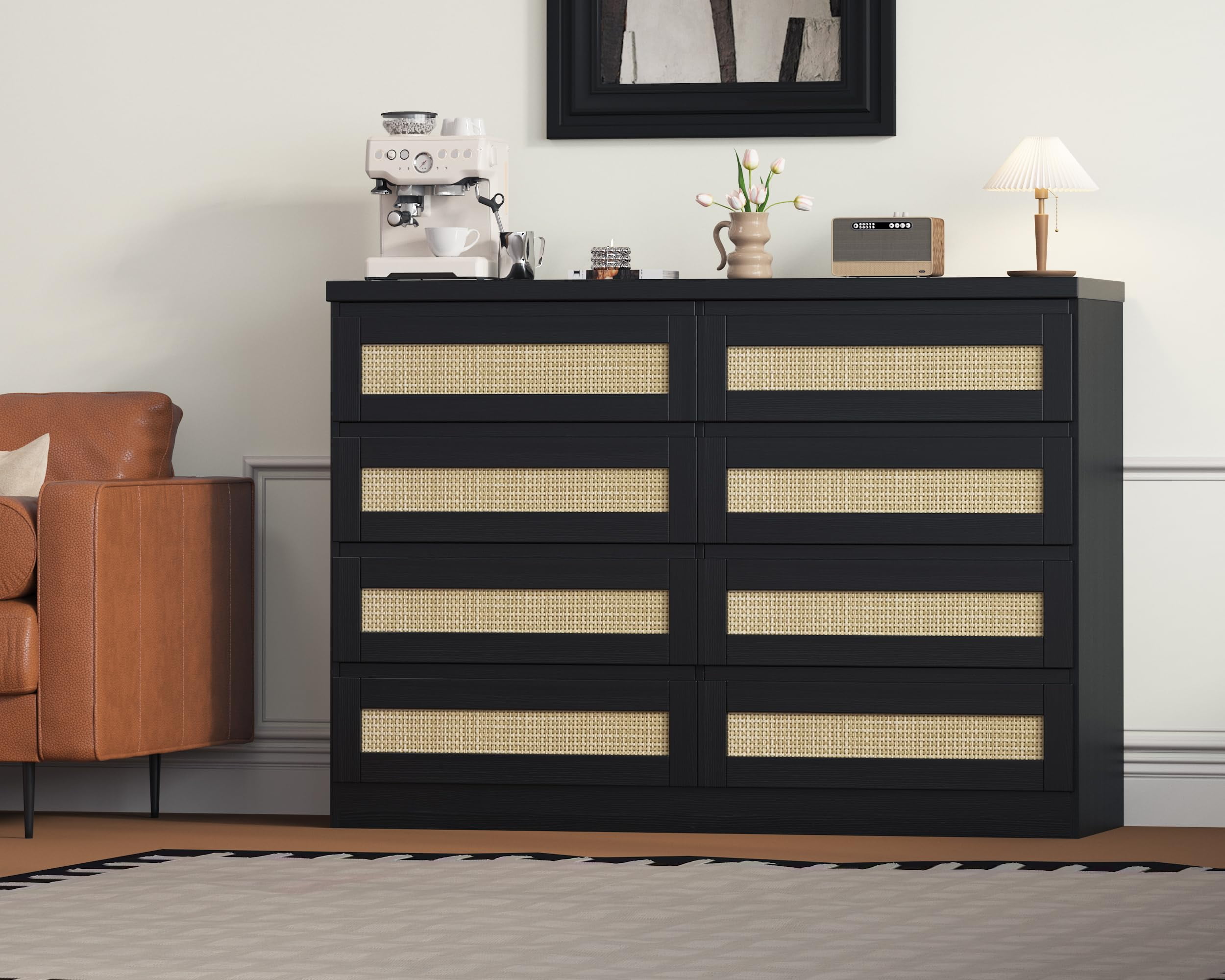 Kicctian 47 Inch Rattan 8-Drawer Dresser, Modern Farmhouse Chest, Multi-Functional TV Stand Dresser for Bedroom,Living Room,Black