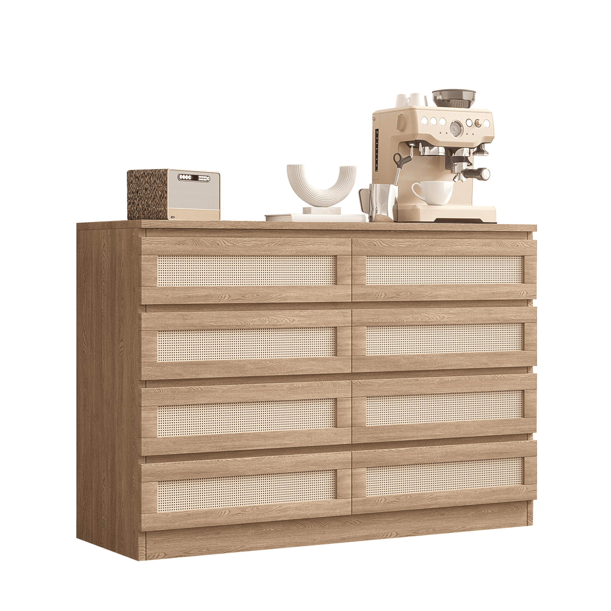 Kicctian 47 Inch Rattan 8-Drawer Dresser, Modern Farmhouse Chest, Multi-Functional TV Stand Dresser for Bedroom,Living Room,Oak color
