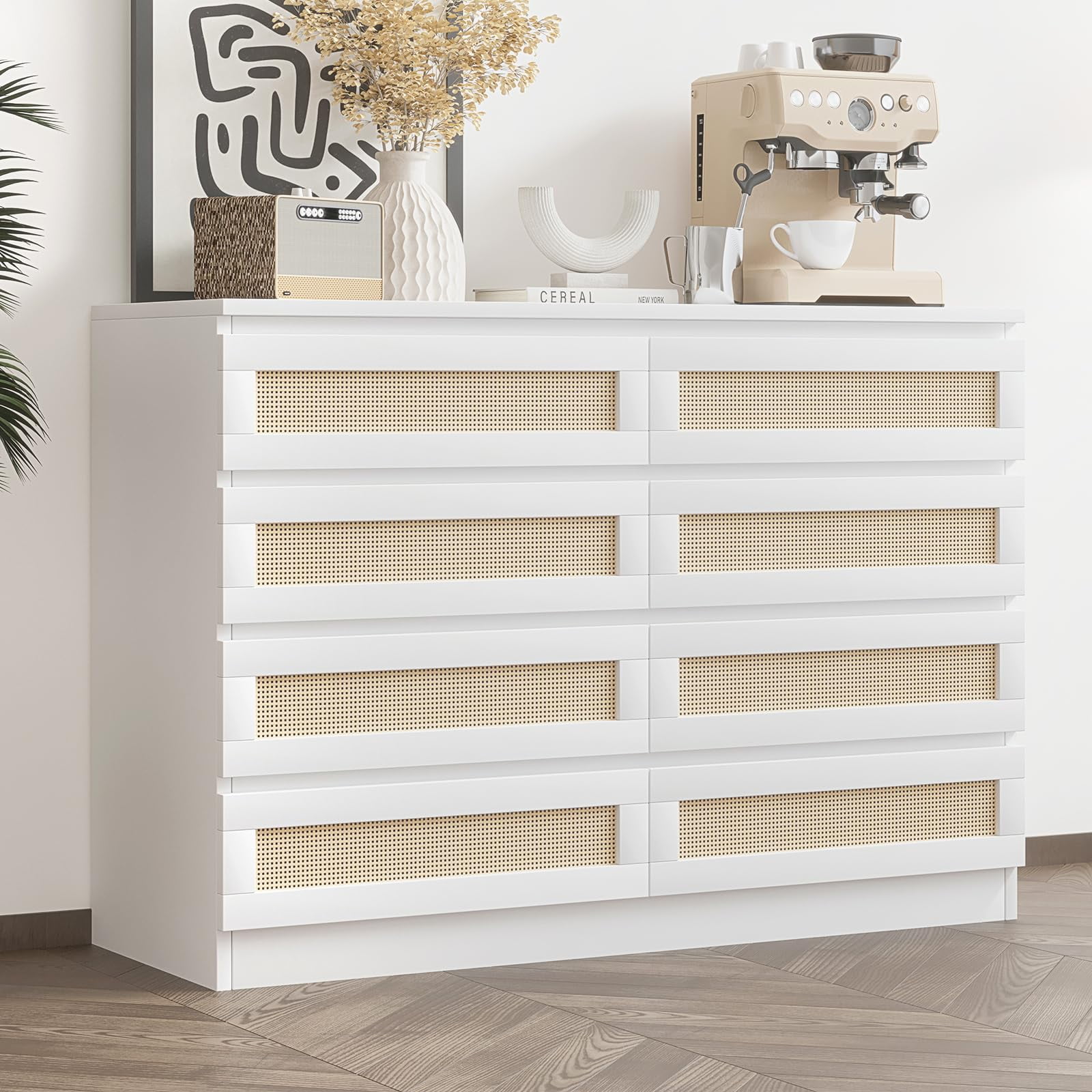 Kicctian 47 Inch Rattan 8-Drawer Dresser, Modern Farmhouse Chest, Multi-Functional TV Stand Dresser for Bedroom,Living Room,White