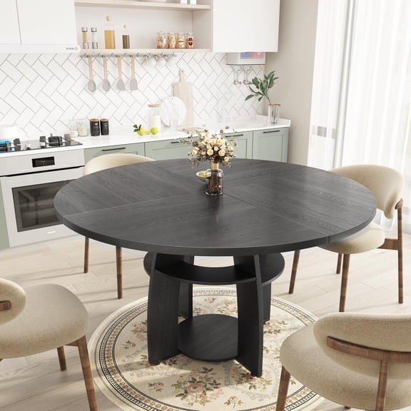 Kicctian 47-Inch Round Dining Table for 4-6, Wood Kitchen Table with Storage Shelf and Adjustable Feet, Easy Assembly & Cleaning, Ideal for Dining Room or Apartment,Black