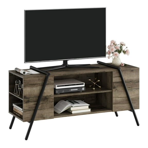 Kicctian 47-Inch TV Stand with Oak Finish, Modern Entertainment Center with Adjustable Open Shelves and U-Shaped Slanted Metal Legs, Media Console Table for Living Room or Bedroom,Gray
