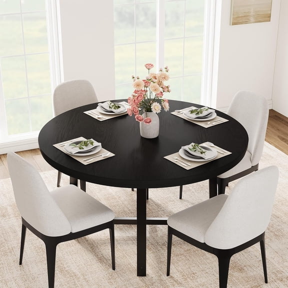 Kicctian 47" Industrial Round Dining Table for 4-6, Sturdy Wooden Kitchen Table with Metal Frame, Large Circle Table for Dining Room, Kitchen– Chairs Not Included,Black