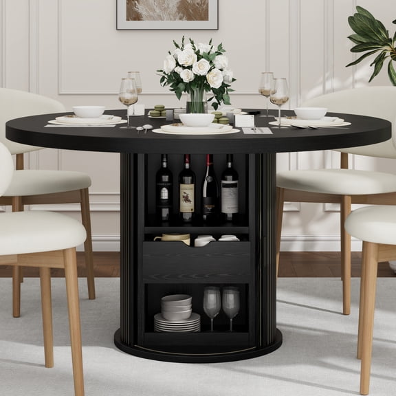 Kicctian 47" Round Dining Table for 4-6 with 2-Layer Storage Shelf and Drawer, Space-Saving Circle Table, Versatile Kitchen Table for Dining Room, Living Room or Kitchen, Black
