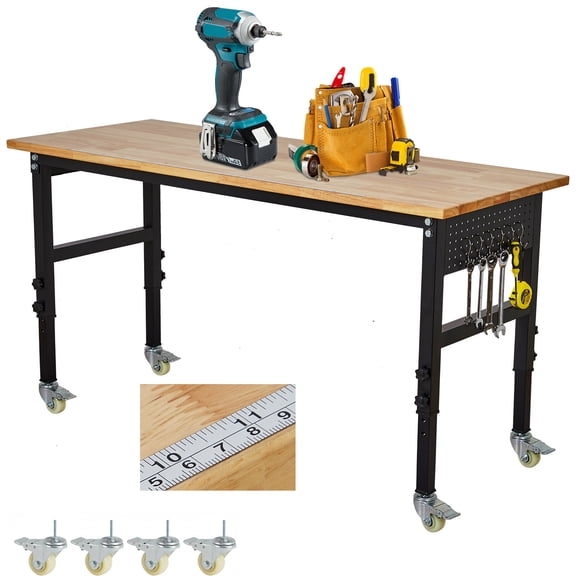 Kicctian 48" Adjustable Workbench with 2000 Lbs Capacity, Heavy Duty Rubber Wood Work Table with Wheels & Pegboard, 29"-40" Height Adjustable for Garage, Workshop, Office or Home