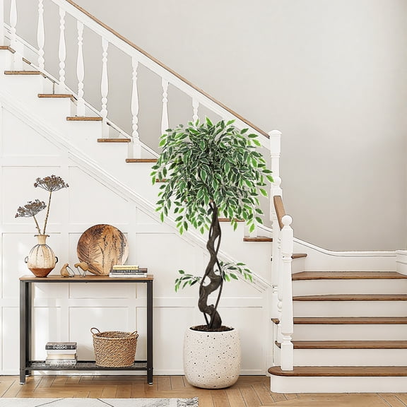 Kicctian 4FT Artificial Ficus Tree with White Ceramic Planter, Decorative Pebbles and Green Moss, Tall Lifelike Greenery for Living Room, Office, Porch