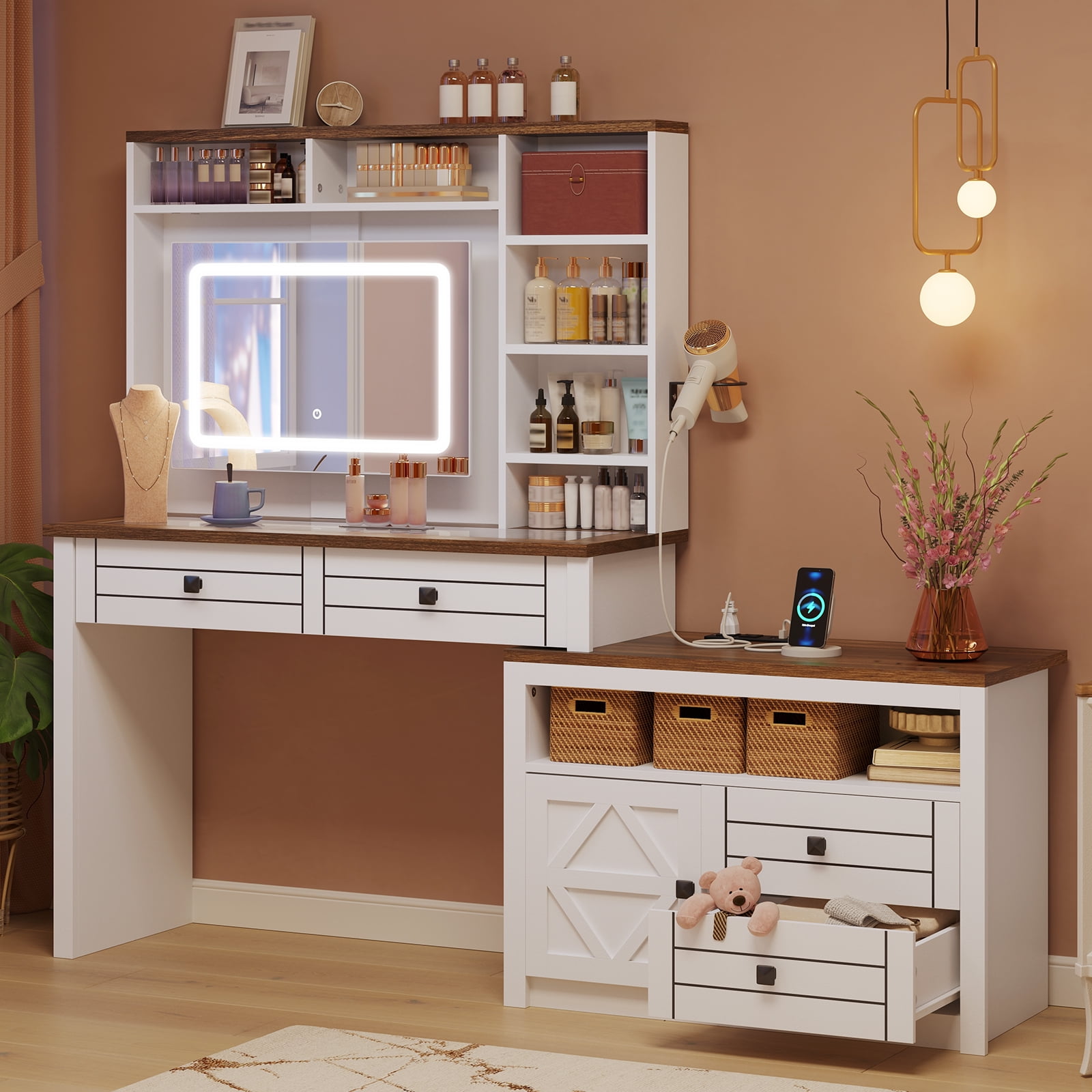 Kicctian 5-Drawer & 7-Shelf Vanity Desk with LED Mirror & Glass Top ...